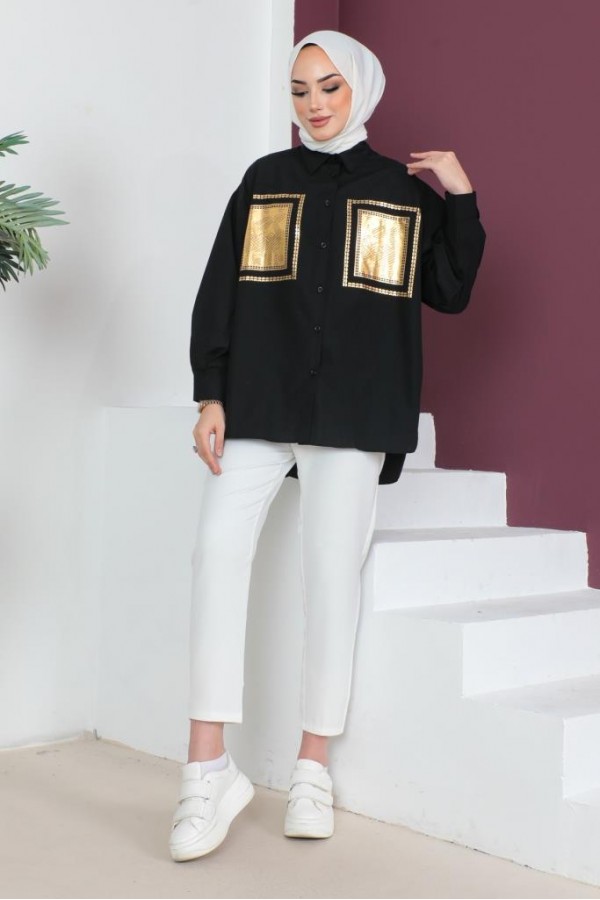 Önü Varak Baskılı Gömlek Siyah-Gold 61563 Önü Varak Baskılı Gömlek Siyah-Gold 61563