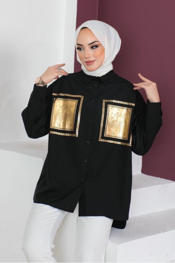 Önü Varak Baskılı Gömlek Siyah-Gold 61563 Önü Varak Baskılı Gömlek Siyah-Gold 61563