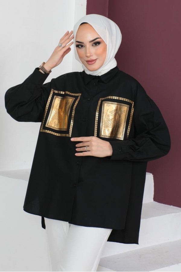 Önü Varak Baskılı Gömlek Siyah-Gold 61563 Önü Varak Baskılı Gömlek Siyah-Gold 61563