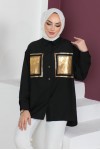 Önü Varak Baskılı Gömlek Siyah-Gold 61563 Önü Varak Baskılı Gömlek Siyah-Gold 61563