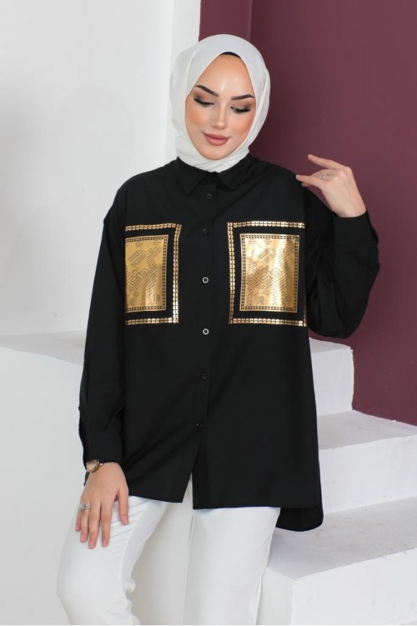 Önü Varak Baskılı Gömlek Siyah-Gold 61563 Önü Varak Baskılı Gömlek Siyah-Gold 61563