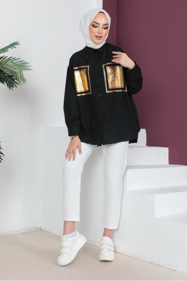 Önü Varak Baskılı Gömlek Siyah-Gold 61563 Önü Varak Baskılı Gömlek Siyah-Gold 61563