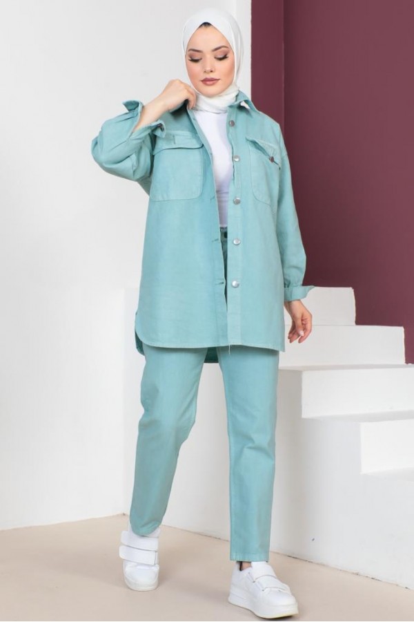  Ceket Pantolon Tesettür İkili Kot Takım Mint Yeşili 8175