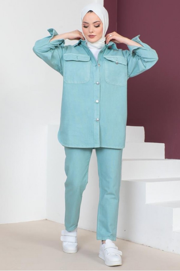  Ceket Pantolon Tesettür İkili Kot Takım Mint Yeşili 8175