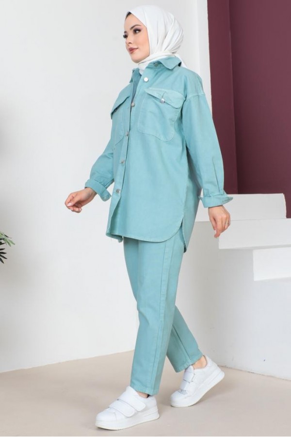  Ceket Pantolon Tesettür İkili Kot Takım Mint Yeşili 8175