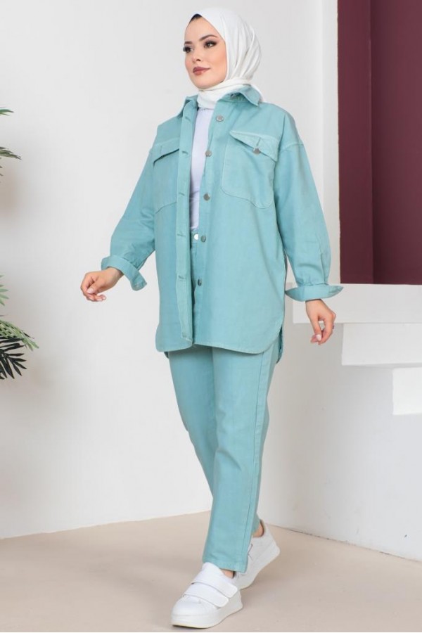  Ceket Pantolon Tesettür İkili Kot Takım Mint Yeşili 8175