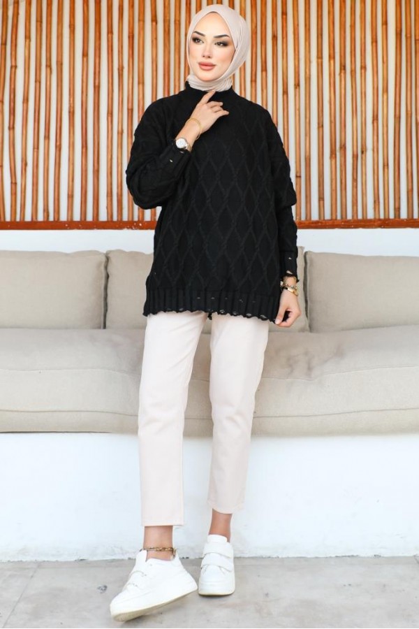  Baklava Desenli Triko Tunik Siyah 368