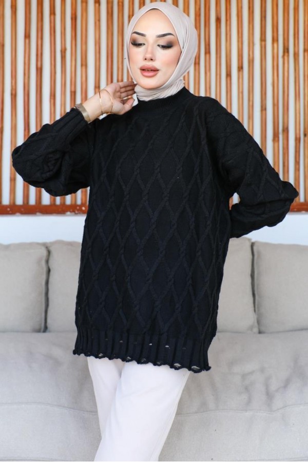  Baklava Desenli Triko Tunik Siyah 368