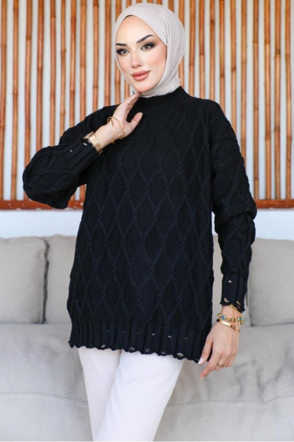  Baklava Desenli Triko Tunik Siyah 368
