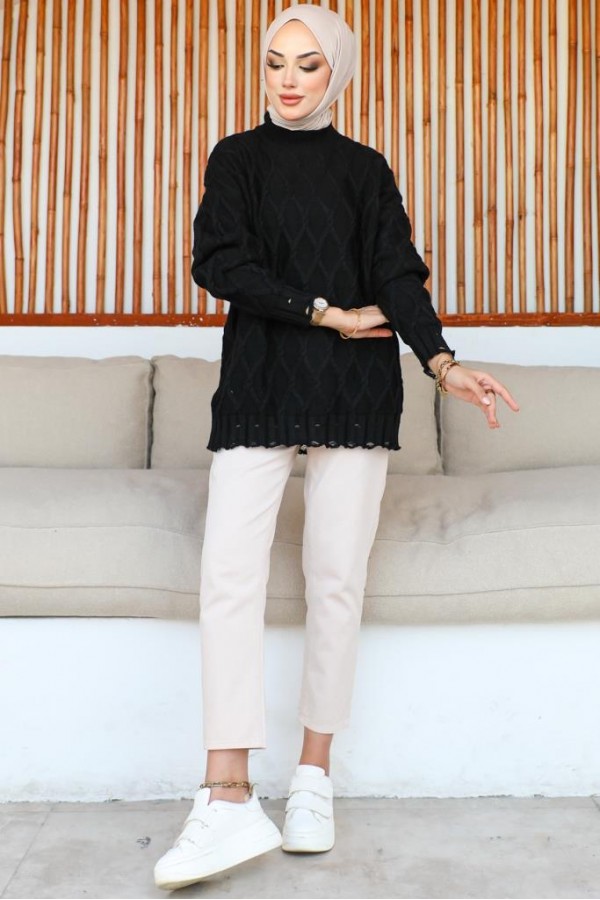  Baklava Desenli Triko Tunik Siyah 368