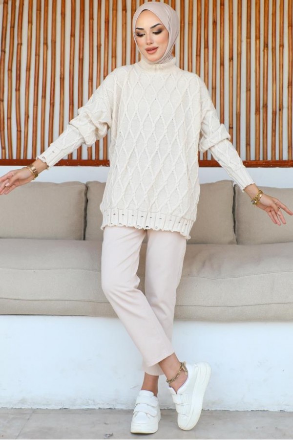  Baklava Desenli Triko Tunik Taş Rengi 368