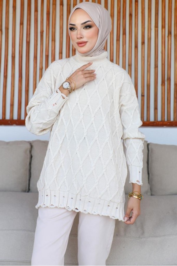  Baklava Desenli Triko Tunik Taş Rengi 368