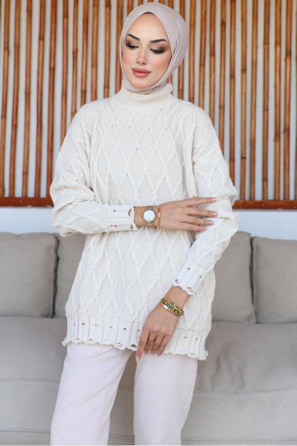  Baklava Desenli Triko Tunik Taş Rengi 368