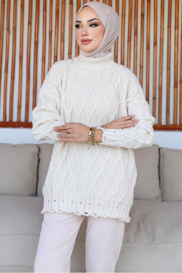  Baklava Desenli Triko Tunik Taş Rengi 368