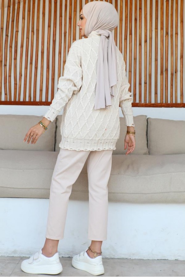  Baklava Desenli Triko Tunik Taş Rengi 368