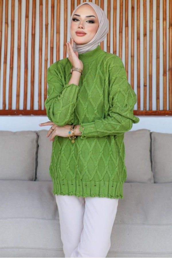  Baklava Desenli Triko Tunik Yeşil 368