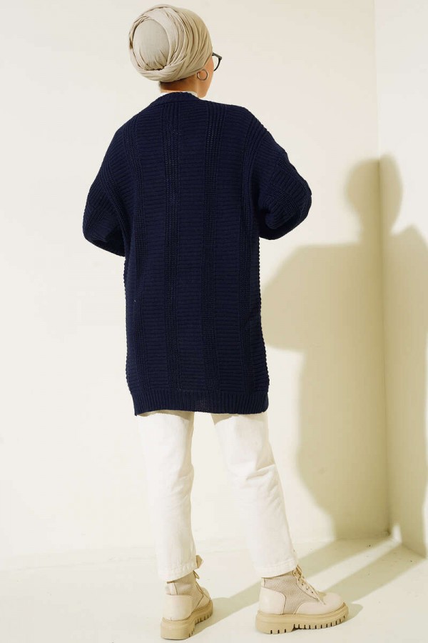  Örgü Desenli Önden Düğmeli Hırka Lacivert 6999