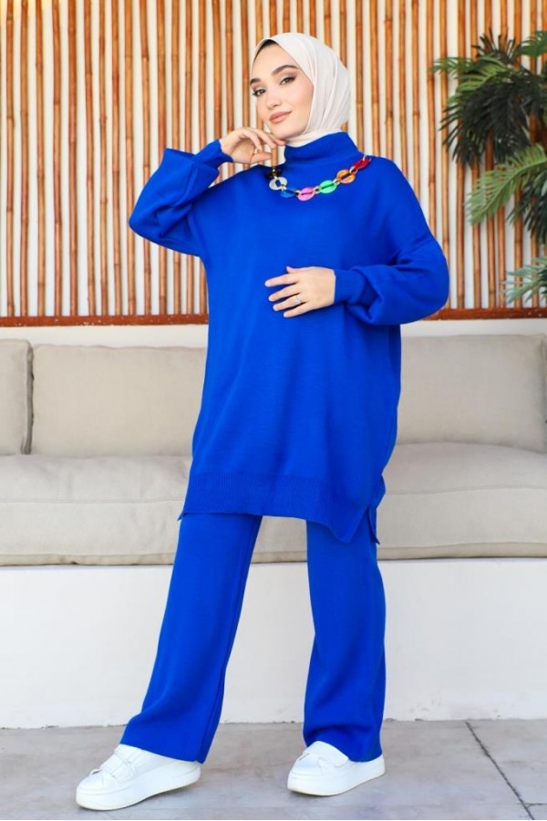  Renkli Kolye Detaylı Triko Takım Saks Mavisi 11016-86