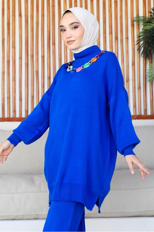  Renkli Kolye Detaylı Triko Takım Saks Mavisi 11016-86