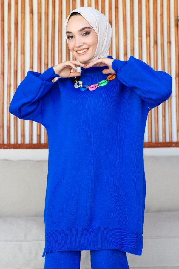  Renkli Kolye Detaylı Triko Takım Saks Mavisi 11016-86