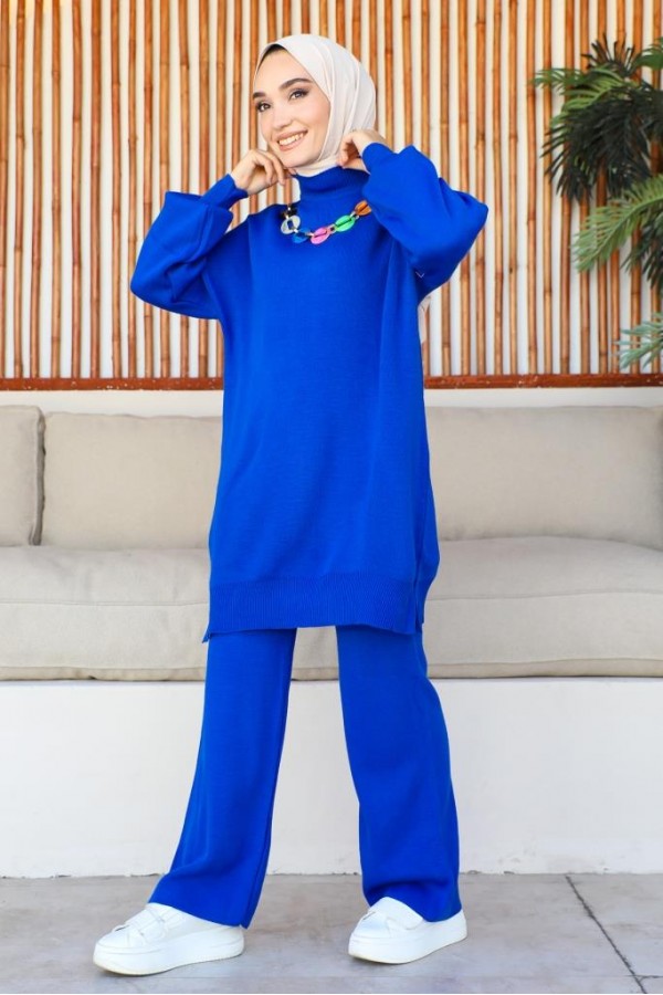  Renkli Kolye Detaylı Triko Takım Saks Mavisi 11016-86