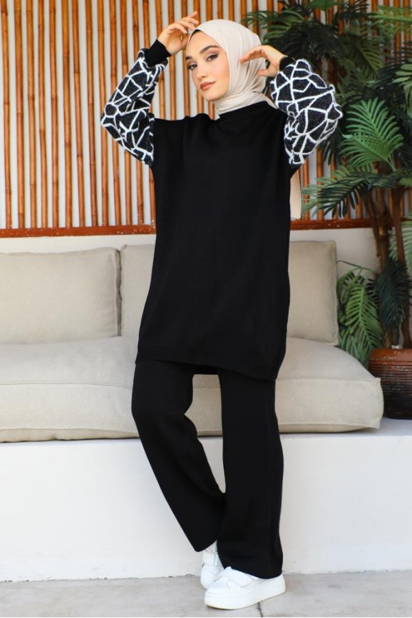  Kolları Çizgi Desenli Triko Takım Siyah 11018-05