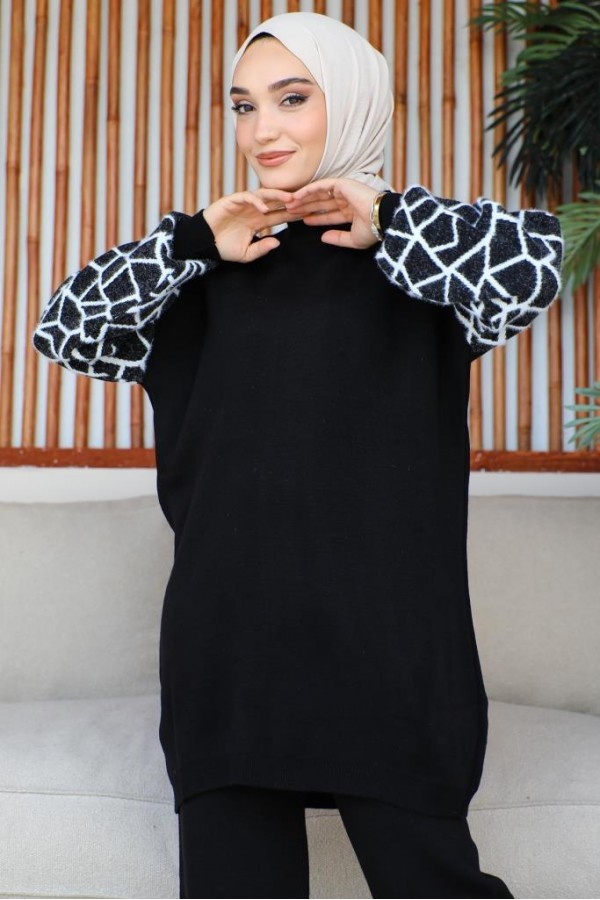  Kolları Çizgi Desenli Triko Takım Siyah 11018-05