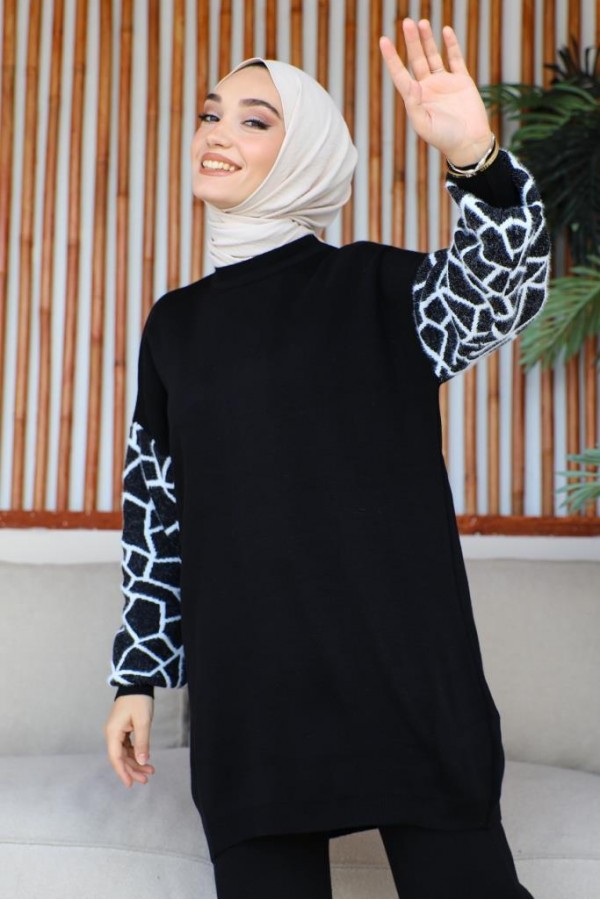  Kolları Çizgi Desenli Triko Takım Siyah 11018-05