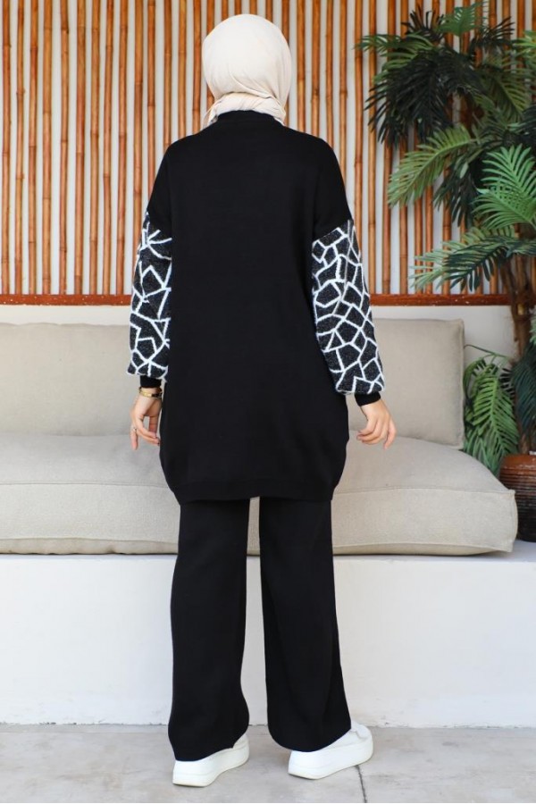  Kolları Çizgi Desenli Triko Takım Siyah 11018-05