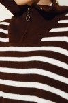 11020-03 Yakası Fermuarlı Çizgili Triko Tunik Kahverengi