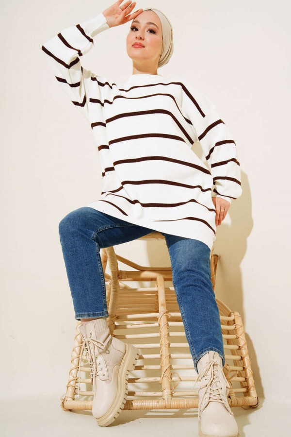 Çizgili Triko Tunik Kahverengi 11023-33 Çizgili Triko Tunik Kahverengi 11023-33