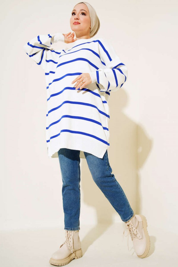 Çizgili Triko Tunik Saks Mavisi 11023-33 Çizgili Triko Tunik Saks Mavisi 11023-33