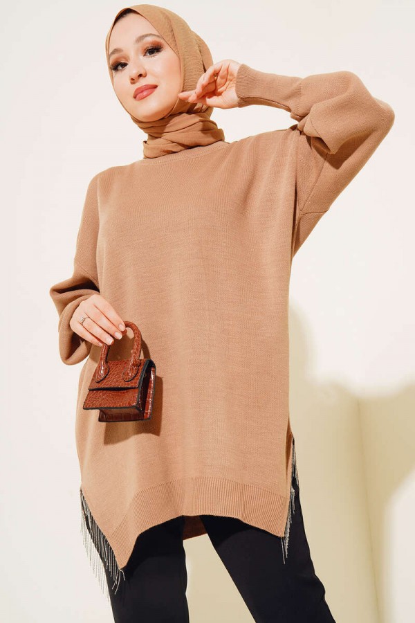  Yırtmacı Zincir Püsküllü Triko Tunik Camel 3009