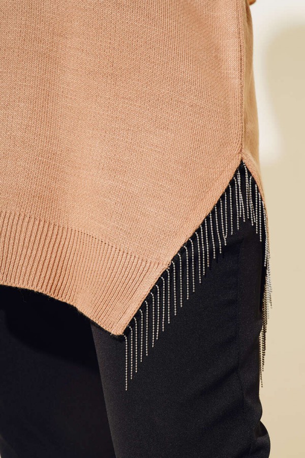  Yırtmacı Zincir Püsküllü Triko Tunik Camel 3009