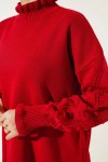  Kolları Detaylı Yarım Balıkçı Yaka Triko Kazak Bordo 3008
