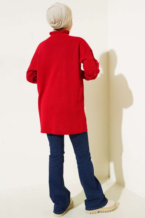  Kolları Detaylı Yarım Balıkçı Yaka Triko Kazak Bordo 3008