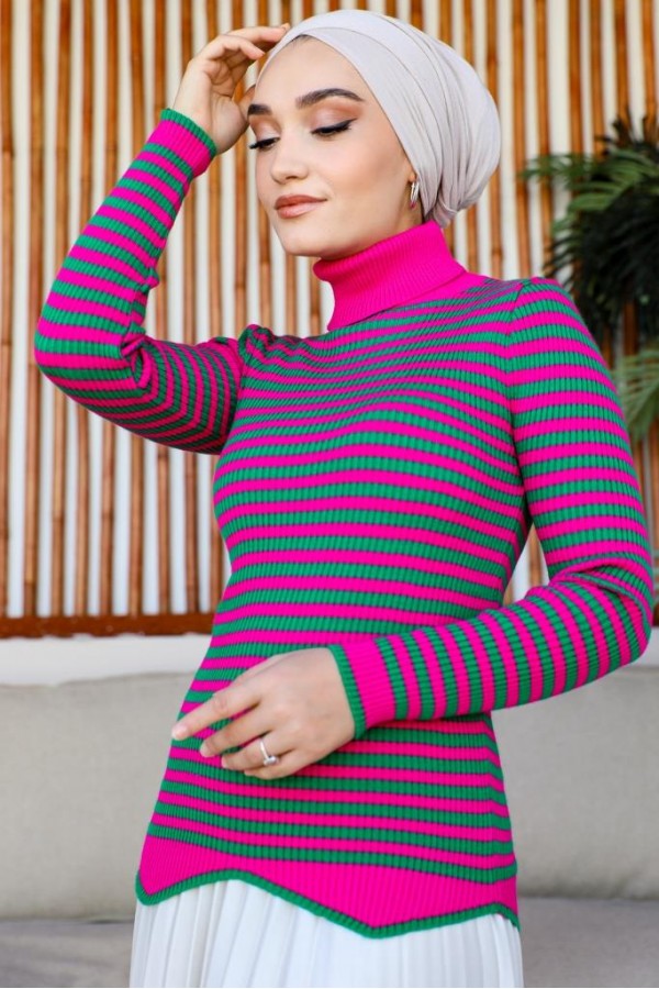  Çizgili Triko Bady Fuşya 5087