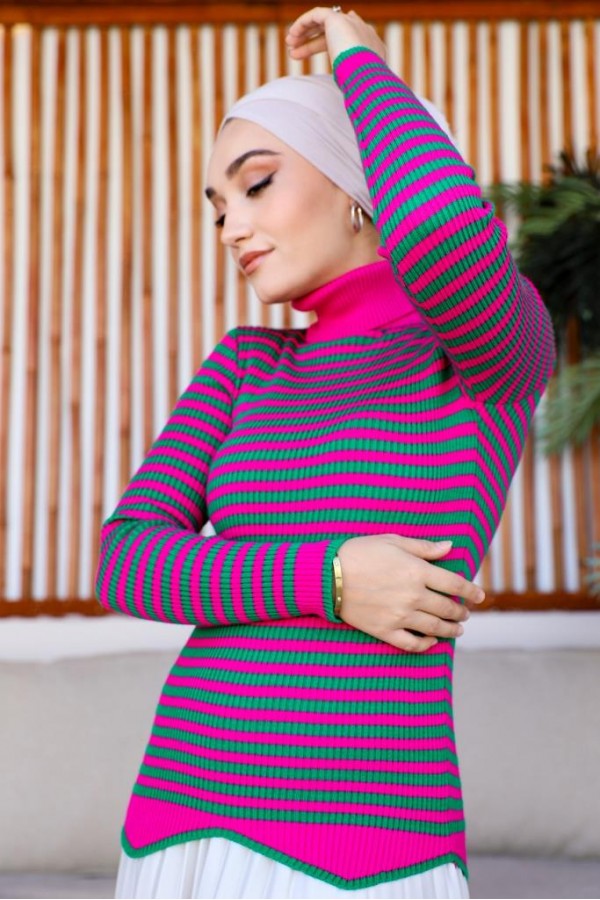  Çizgili Triko Bady Fuşya 5087