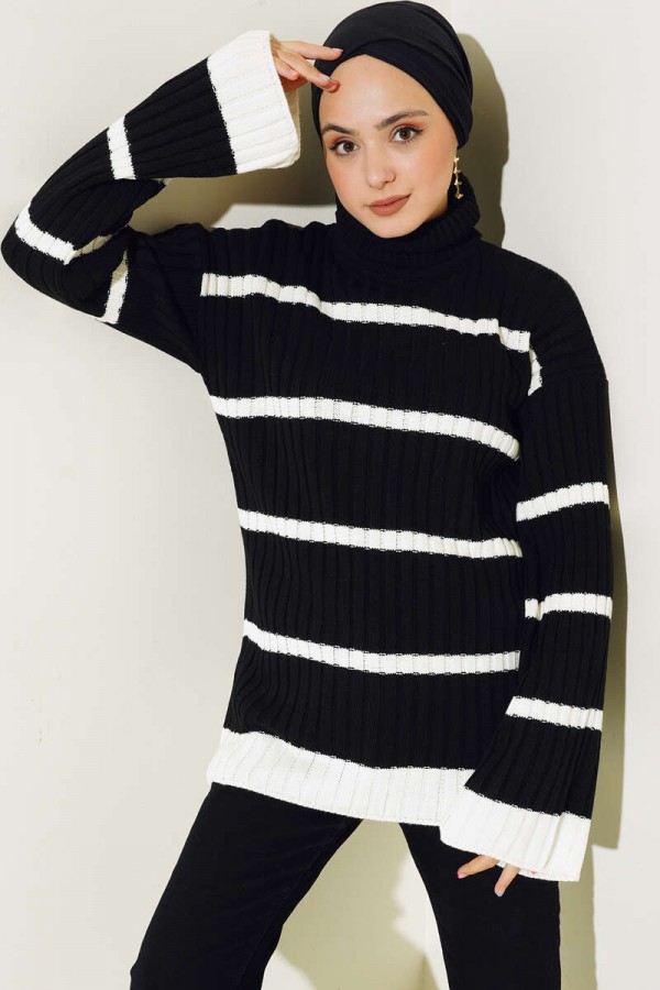 Çizgili Balıkçı Yaka Triko Tunik Siyah 7024 Çizgili Balıkçı Yaka Triko Tunik Siyah 7024