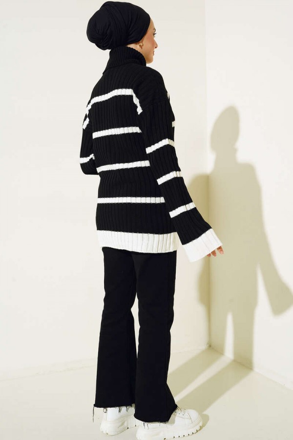 Çizgili Balıkçı Yaka Triko Tunik Siyah 7024 Çizgili Balıkçı Yaka Triko Tunik Siyah 7024