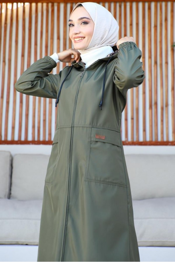  Mevsimlik Cepli Kap-Trençkot Haki 7003-1