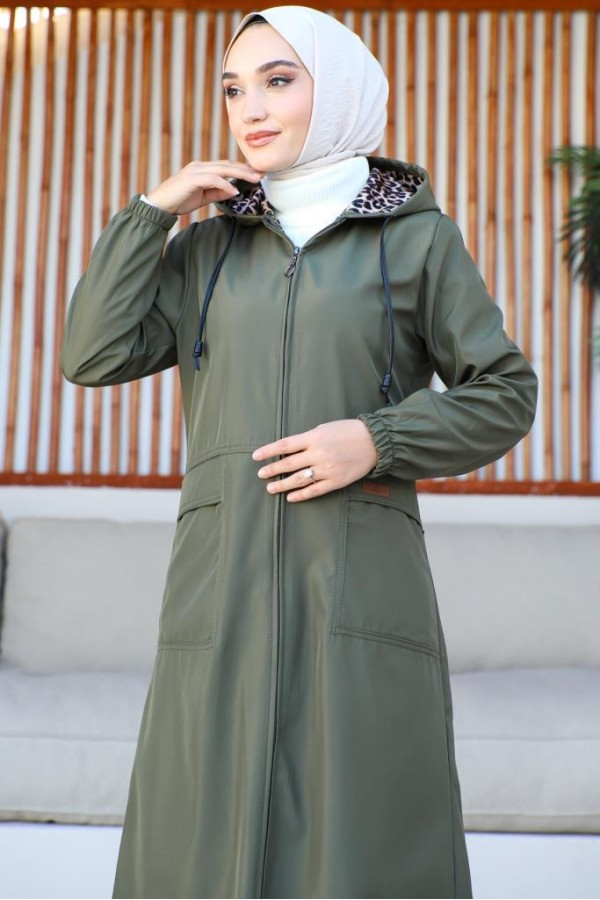  Mevsimlik Cepli Kap-Trençkot Haki 7003-1