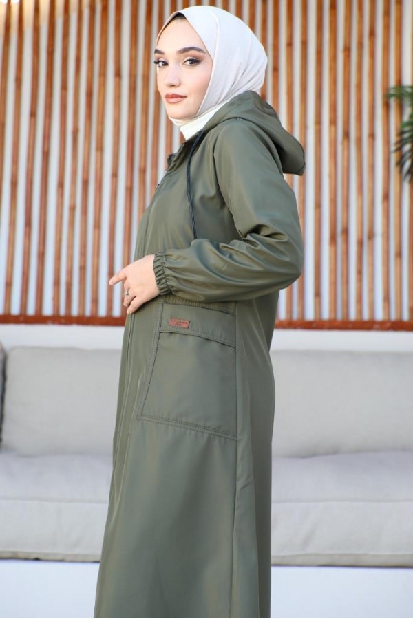  Mevsimlik Cepli Kap-Trençkot Haki 7003-1