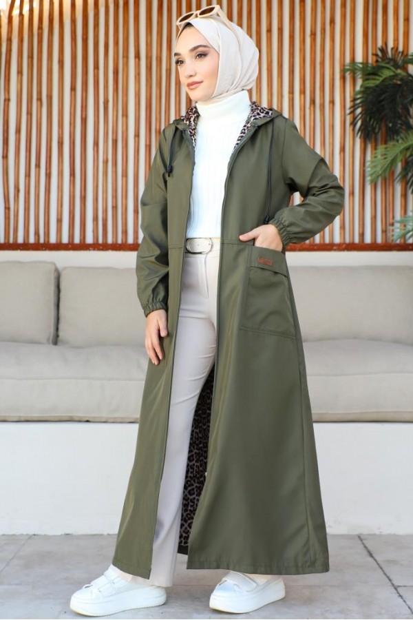  Mevsimlik Cepli Kap-Trençkot Haki 7003-1