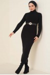 23100 Fitilli Uzun Triko Elbise Siyah