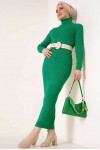 23100 Fitilli Uzun Triko Elbise Yeşil