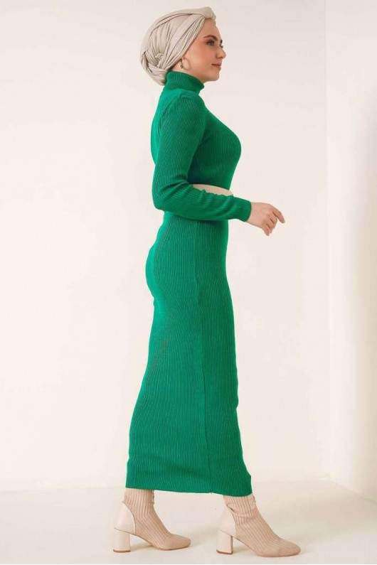 23100 Fitilli Uzun Triko Elbise Yeşil