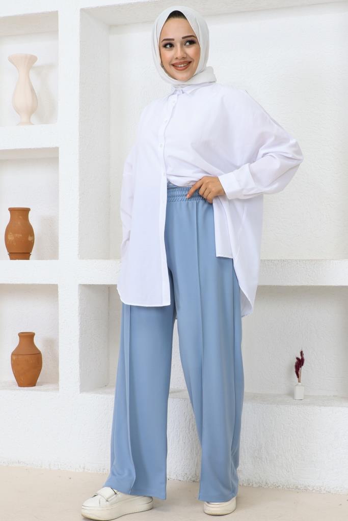  Belli Lastikli Rahat Kesim Salaş Pantalon Mavi 3042-1