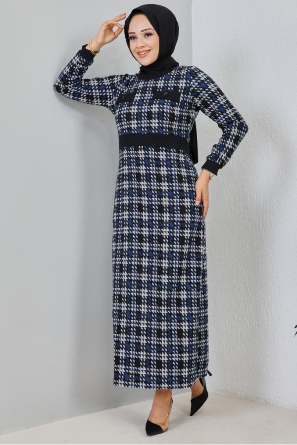  Cep Aksesuarlı Kışlık Elbise Saks Mavisi 1034