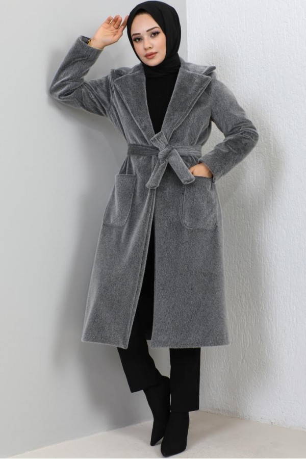 Beli Kuşaklı Kürk Kaban Antrasit 1069 Beli Kuşaklı Kürk Kaban Antrasit 1069